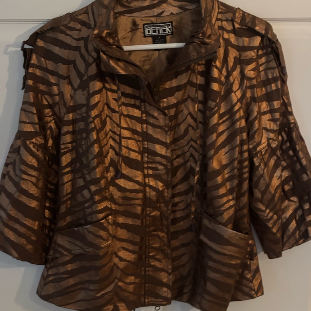 Berek‎ Metallic gold brown linen Jacket, Medium zip up